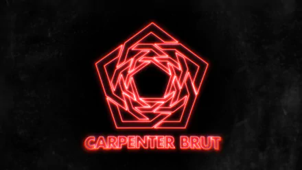 Neon red Carpenter Brut logo and geometric pentagon emblem glowing on a dark textured background — HD PC desktop wallpaper evoking synthwave music.