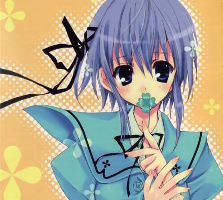 blue eyes clover ribbon blush short hair blue hair Anime Original HD Desktop Wallpaper | Background Image