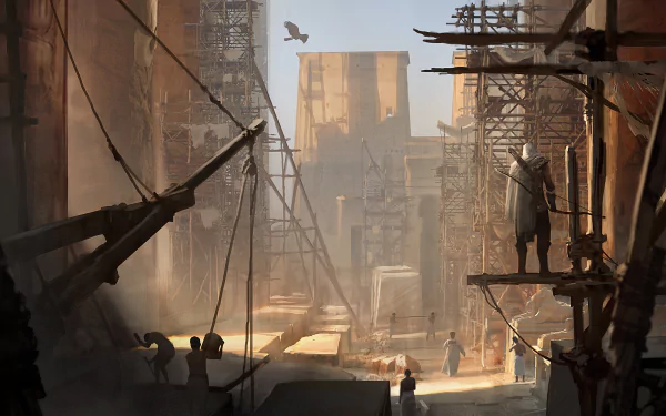 HD PC desktop wallpaper from Assassin's Creed Origins featuring Bayek of Siwa standing in an ancient city under construction with scaffolding and a flying bird overhead.