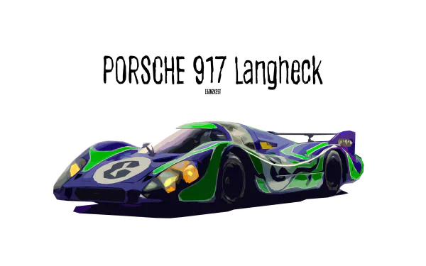 HD wallpaper featuring a sleek and colorful Porsche 917 race car, displayed against a white background with the text Porsche 917 Langheck.