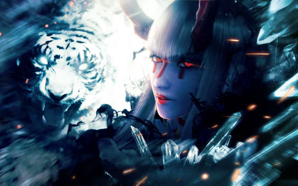 Close-up HD wallpaper of Devil Kazumi from Tekken 7, featuring glowing red eyes, horns, and a fierce white tiger in a dark, supernatural setting.