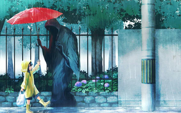 Anime art features a child in a yellow raincoat sharing a red umbrella with a dark, cloaked figure symbolizing death, under the rain. This HD desktop wallpaper has a somber and reflective mood.