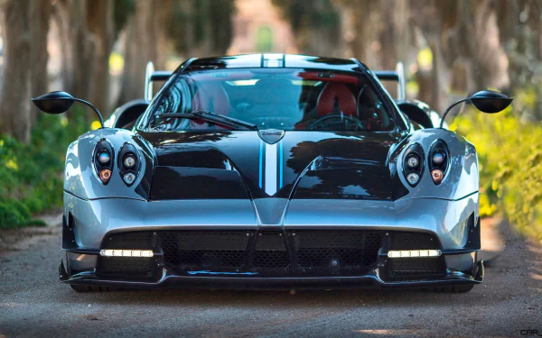 HD wallpaper featuring the Pagani Huayra Roadster BC, a high-performance supercar, positioned on a scenic tree-lined road. The sleek design and distinctive aesthetics of the vehicle are clearly showcased.