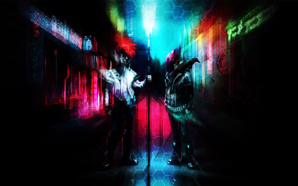 HD desktop wallpaper featuring Scandroid's retro wave music theme with neon colors. The vibrant image, tagged with Klayton, showcases futuristic and artistic elements.