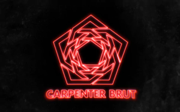 Neon red Carpenter Brut logo and geometric pentagon emblem glowing on a dark textured background — HD PC desktop wallpaper evoking synthwave music.