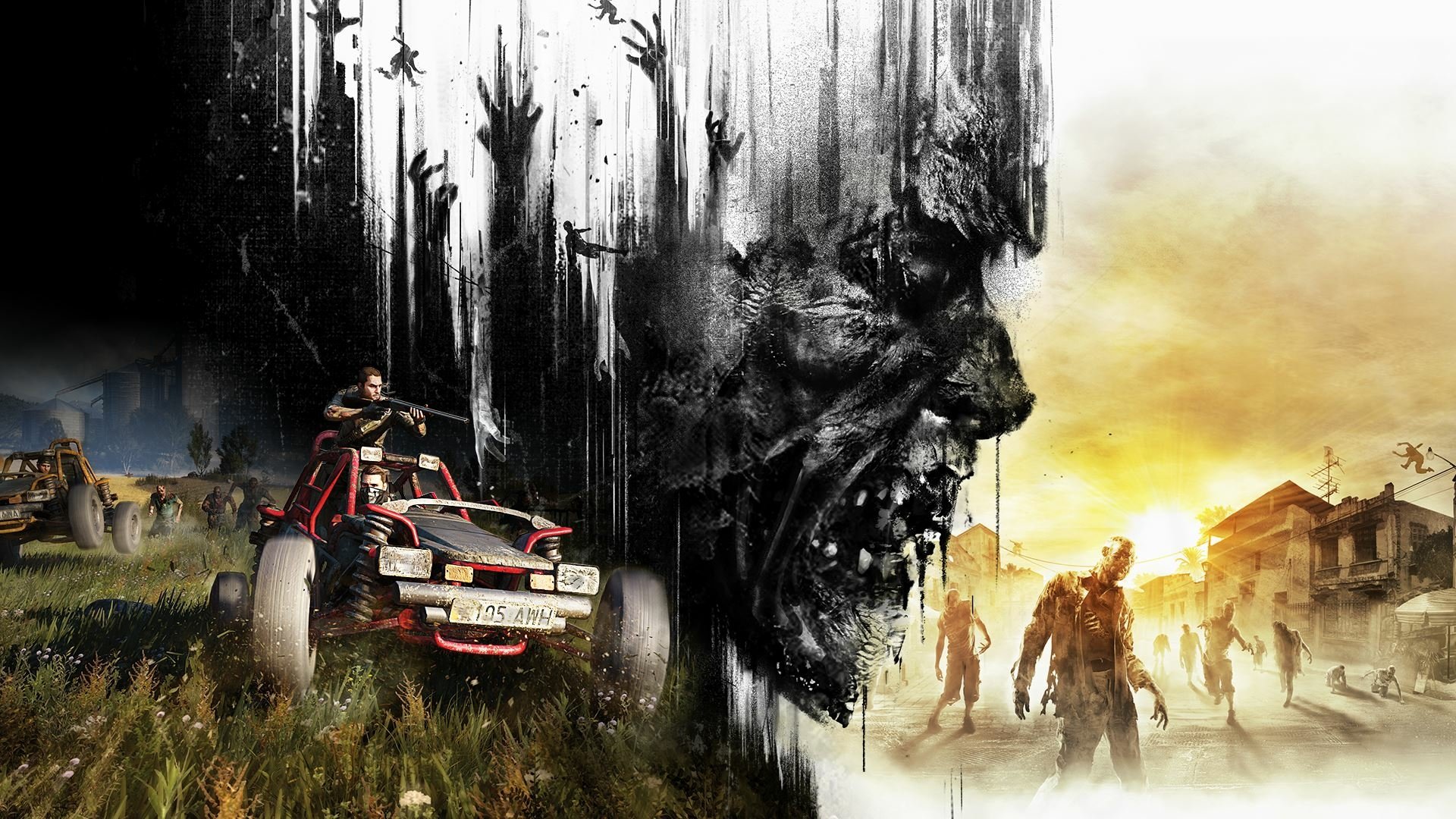 HD wallpaper of Dying Light: The Following featuring a character in a buggy and a horde of zombies with a striking contrast design.