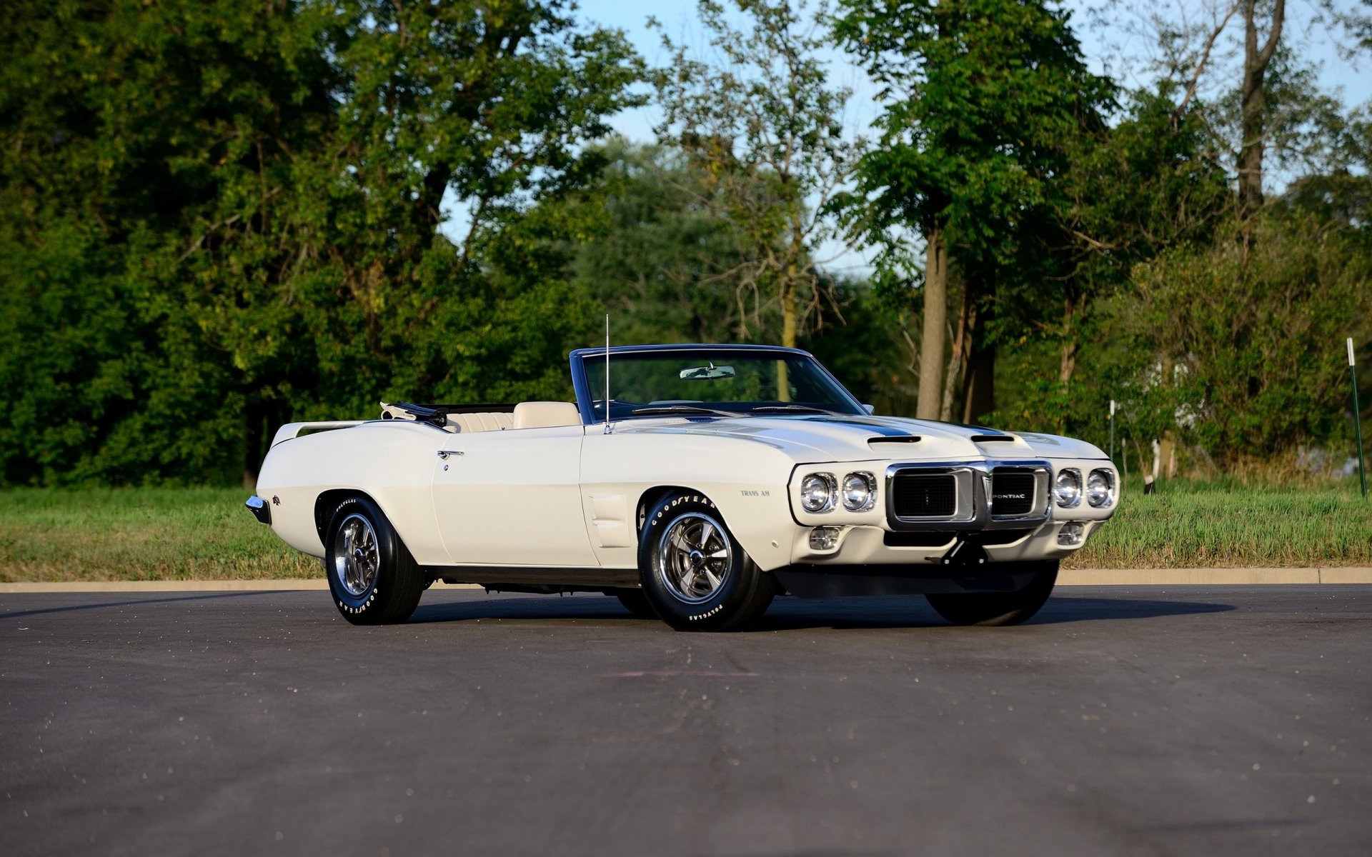 White Pontiac Trans Am convertible muscle car parked on a tree-lined road, presented as a 2K Quad HD PC desktop wallpaper and background.