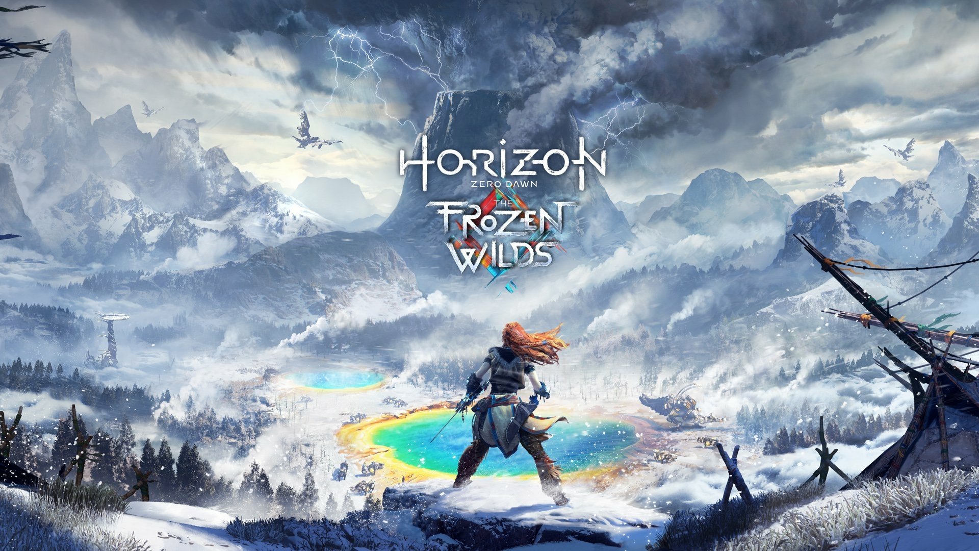 HD PC desktop wallpaper featuring a snowy landscape from the video game Horizon Zero Dawn: Frozen Wilds, with the protagonist overlooking a vibrant icy valley.