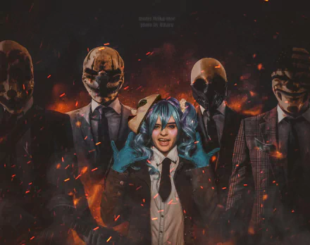 4K Ultra HD Payday 2 cosplay wallpaper featuring a woman with blue hair and four masked characters in suits, set against a fiery, dark background.