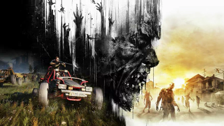 HD wallpaper of Dying Light: The Following featuring a character in a buggy and a horde of zombies with a striking contrast design.