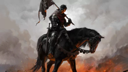 HD desktop wallpaper featuring a warrior knight in armor on horseback, holding a torn banner in the midst of a fiery, dramatic landscape. Inspired by the video game Kingdom Come: Deliverance.
