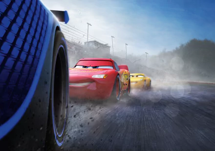 HD desktop wallpaper featuring Jackson Storm, Cruz Ramirez, and Lightning McQueen from the movie Cars 3, showcasing a dynamic race scene with detailed graphics and intense motion.
