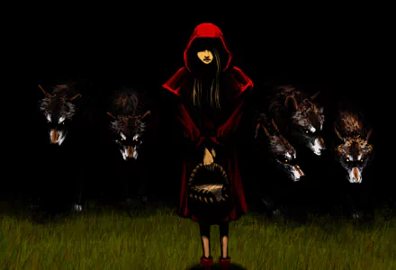 A dark fantasy HD desktop wallpaper depicting Red Riding Hood in a red hooded cloak surrounded by snarling wolves in a shadowy forest.