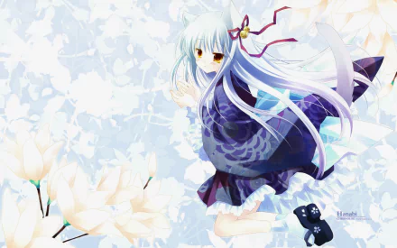 cat girl flower blush ribbon bell yellow eyes kimono white hair long hair Anime Original HD Desktop Wallpaper | Background Image