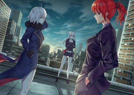 HD wallpaper featuring characters from Fate/Grand Order: Jeanne d'Arc Alter and Fujimaru Ritsuka, with Saber from the Fate series. The characters stand on a rooftop with a cityscape background.