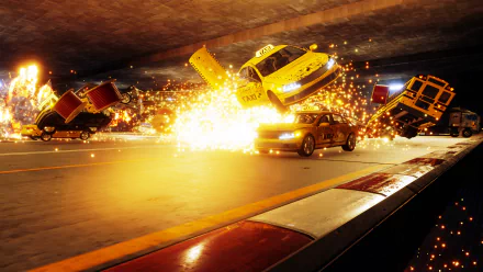 HD wallpaper of a cinematic explosion with vehicles in disarray, embodying a high-octane danger zone theme.