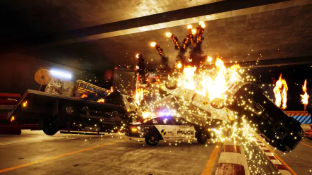 A dynamic HD desktop wallpaper featuring an explosive scene from the video game Danger Zone, showcasing cars, fiery explosions, and vibrant sparks in an intense setting.