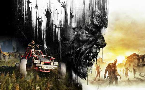 HD wallpaper of Dying Light: The Following featuring a character in a buggy and a horde of zombies with a striking contrast design.