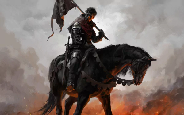 HD desktop wallpaper featuring a warrior knight in armor on horseback, holding a torn banner in the midst of a fiery, dramatic landscape. Inspired by the video game Kingdom Come: Deliverance.