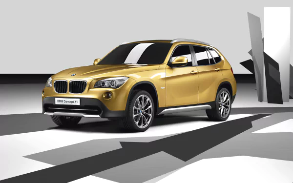 Yellow BMW X1 SUV showcased in a modern, minimalist setting as an HD PC desktop wallpaper background.