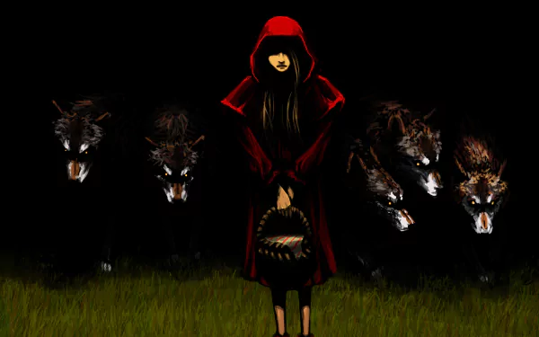 A dark fantasy HD desktop wallpaper depicting Red Riding Hood in a red hooded cloak surrounded by snarling wolves in a shadowy forest.