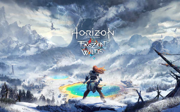 HD PC desktop wallpaper featuring a snowy landscape from the video game Horizon Zero Dawn: Frozen Wilds, with the protagonist overlooking a vibrant icy valley.