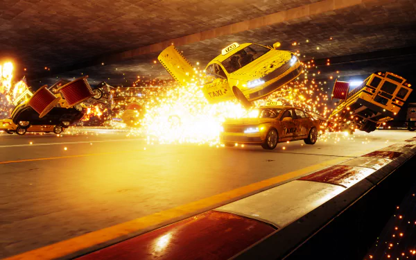HD wallpaper of a cinematic explosion with vehicles in disarray, embodying a high-octane danger zone theme.
