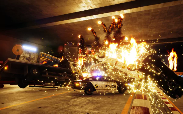 A dynamic HD desktop wallpaper featuring an explosive scene from the video game Danger Zone, showcasing cars, fiery explosions, and vibrant sparks in an intense setting.