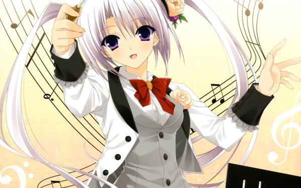 Anime Music Ribbon Smile Purple Eyes Long Hair Twintails Flower Blush White Hair Hat HD Wallpaper | Background Image