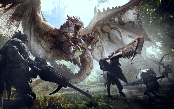 HD wallpaper of hunters battling Rathalos, a dragon from the video game Monster Hunter: World, in a forested setting.