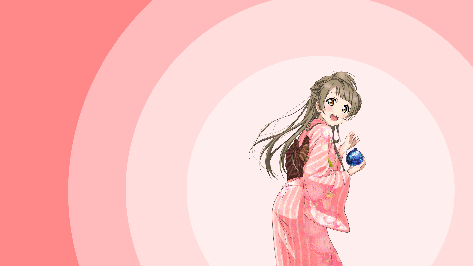 HD PC desktop wallpaper of Kotori Minami (Love Live!) in a pink kimono holding a blue ornament, anime-style against concentric pink circles and a soft pastel background.