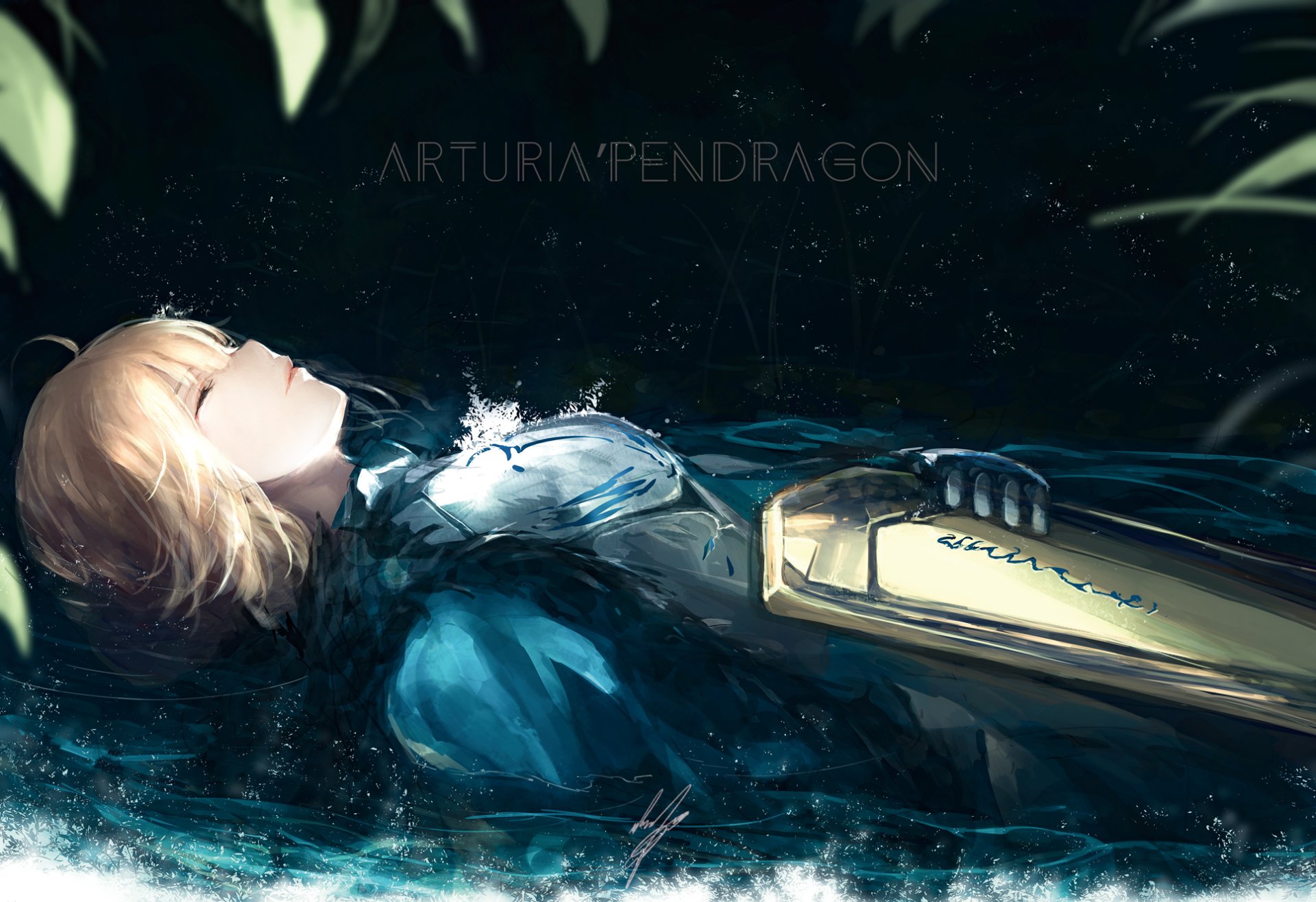 HD desktop wallpaper of Saber (Arturia Pendragon) from the Fate Series and Fate/Grand Order, lying in water with her sword.