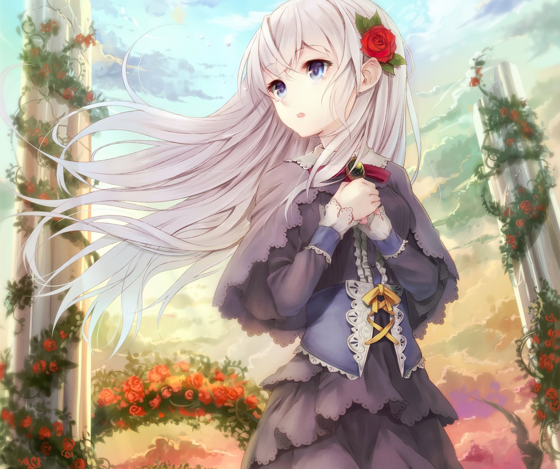 Anime original 2K Quad HD desktop wallpaper: long white-haired girl with blue eyes holding a rose amid garden arches and blooming flowers.