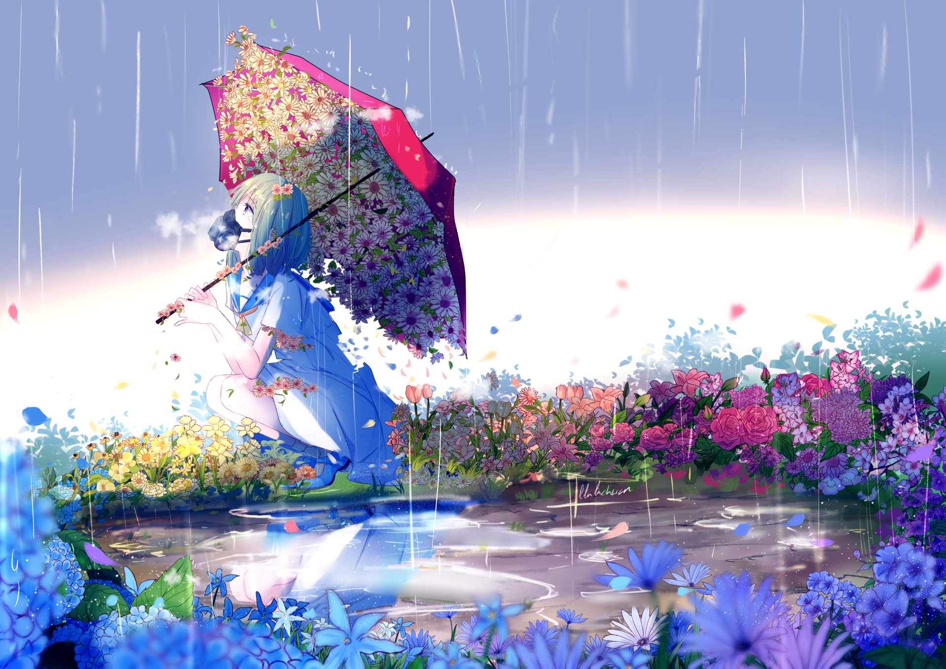 Download Short Hair Umbrella Reflection Rain Flower Anime Original HD