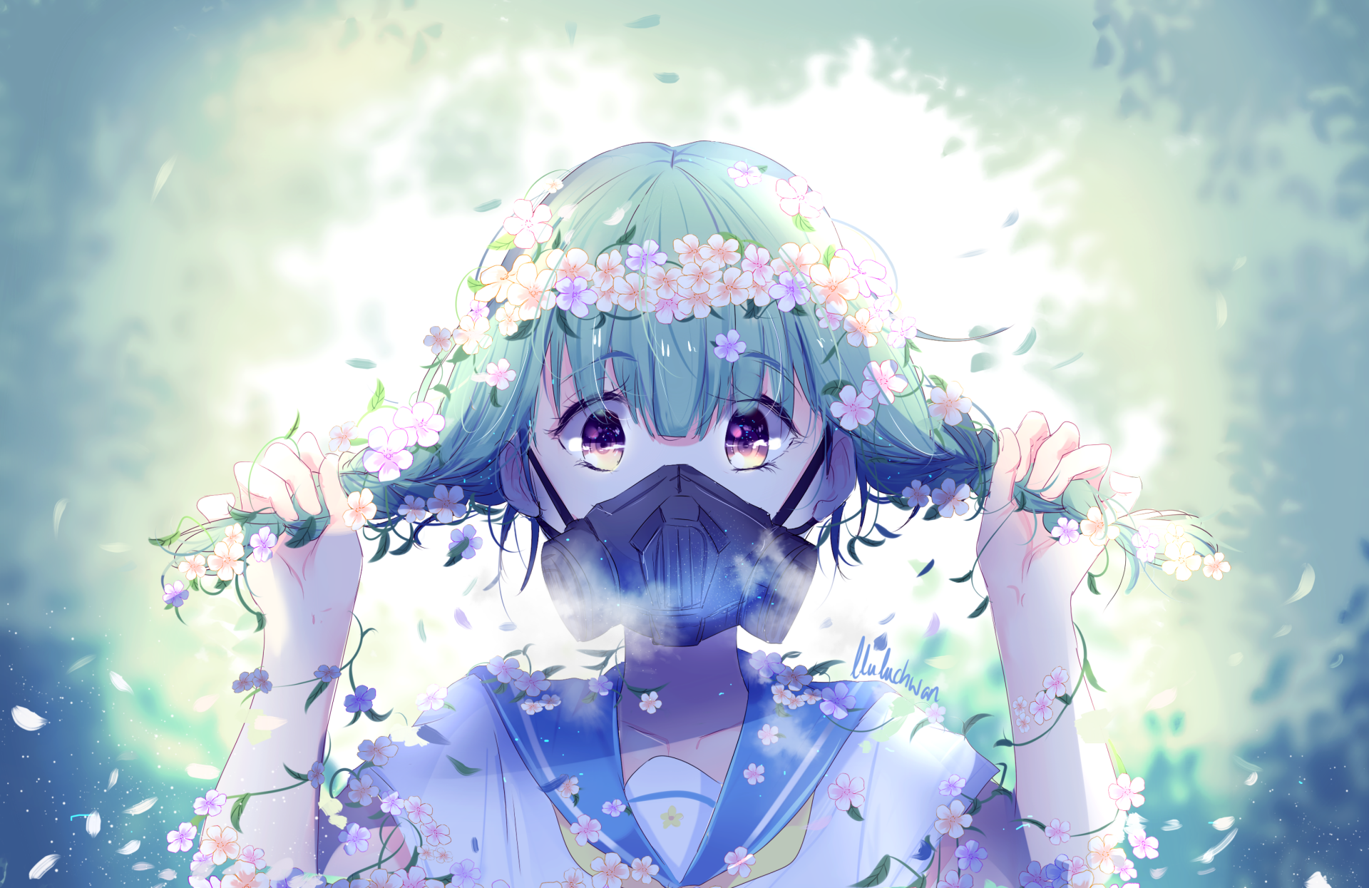 Anime-style HD desktop wallpaper of a short-haired character with purple eyes wearing a gas mask and a crown of flowers, set against a soft, glowing background.