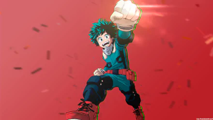 HD desktop wallpaper of Izuku Midoriya from the anime My Hero Academia, featuring Midoriya in an action pose against a red background.