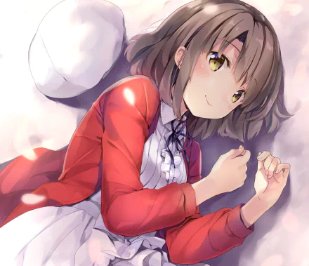 HD anime desktop wallpaper featuring Megumi Katō from Saekano: How to Raise a Boring Girlfriend, lying down with a gentle expression and soft lighting.