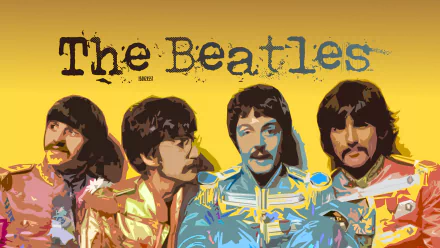 Colorful HD illustration of The Beatles—George Harrison, John Lennon, Paul McCartney, and Ringo Starr—surrounded by vibrant hues, celebrating their iconic status in rock music.