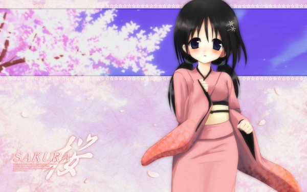 Anime Original Kimono Black Hair Twintails Blue Eyes Cherry Blossom Blush HD Wallpaper | Background Image