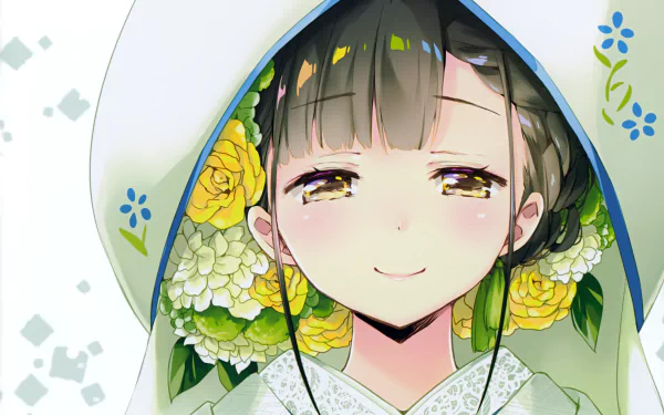 Anime character with black, braided short hair, yellow eyes, and a gentle smile wears a kimono with a hood adorned with flowers. HD desktop wallpaper.