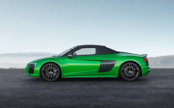 Green Audi R8 V10 supercar convertible side profile on asphalt under a pale blue sky — 4K Ultra HD PC desktop wallpaper/background.