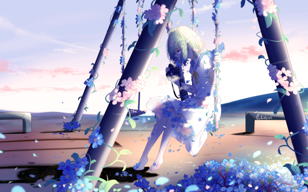 Anime Girl Swing Short Hair Flower Tears Sad School Uniform HD Wallpaper | Background Image