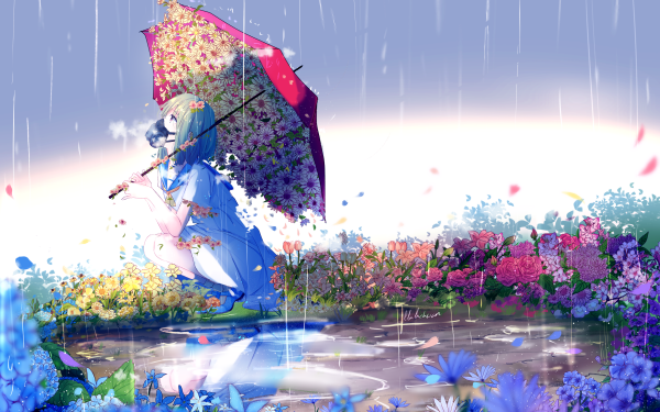 Anime Original Flower Rain Reflection Umbrella Short Hair HD Wallpaper | Background Image