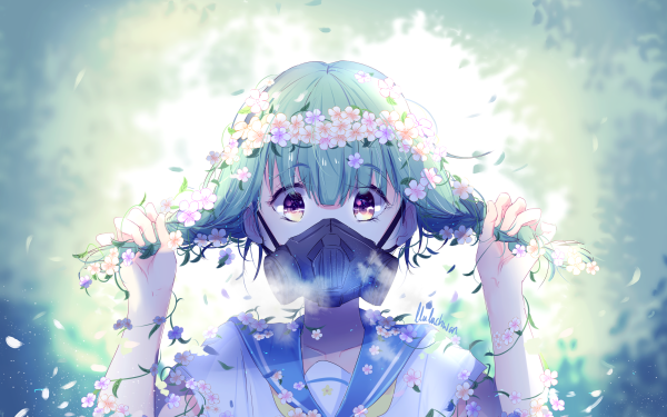 Anime Original Flower Short Hair Gas Mask Purple Eyes HD Wallpaper | Background Image