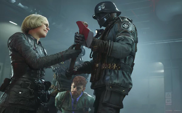 HD PC desktop wallpaper from the video game Wolfenstein II: The New Colossus showing a tense confrontation between a woman and a Nazi soldier.