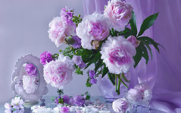 pink flower mirror scarf vase rose photography still life HD Desktop Wallpaper | Background Image