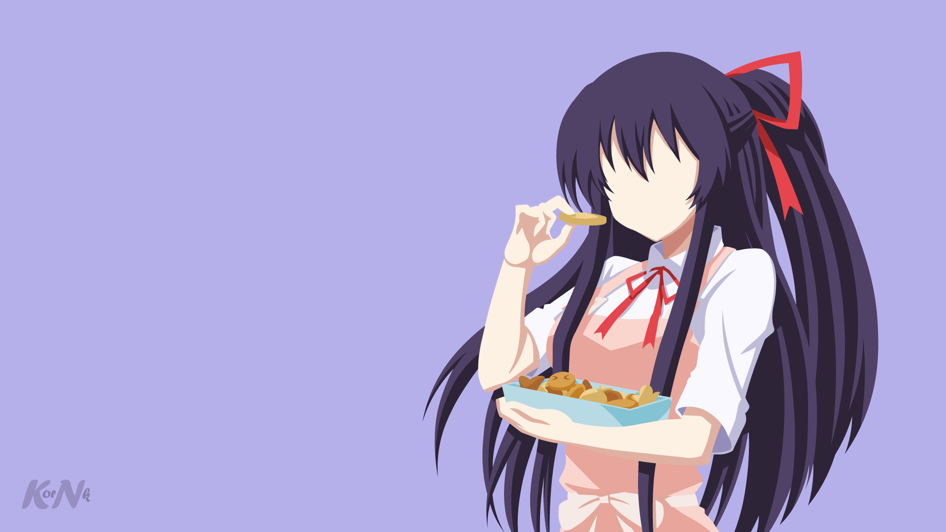 Anime-style Date A Live character with long dark hair and red ribbon, eating snacks, set against a soft purple background in 4K Ultra HD PC desktop wallpaper quality.