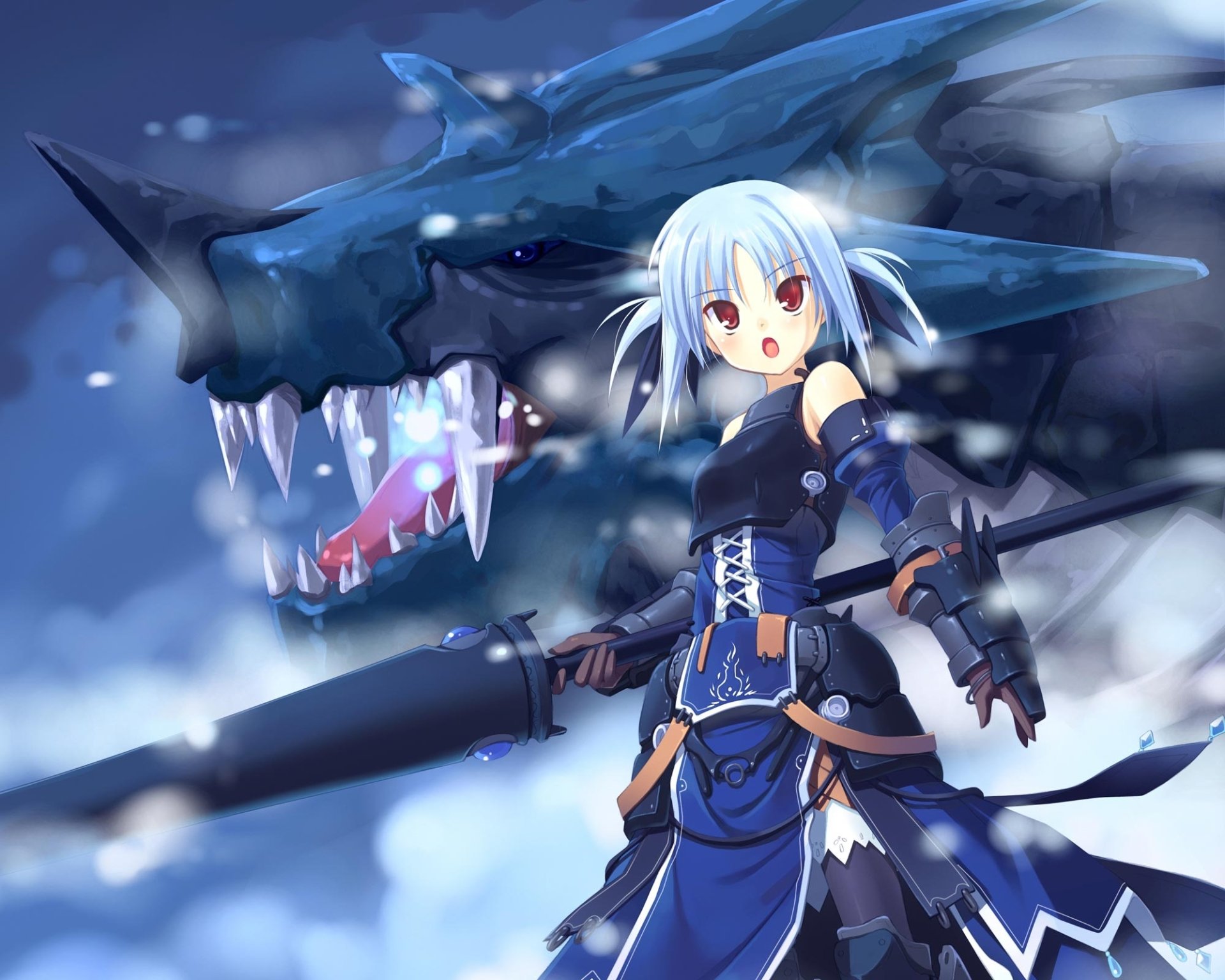 Anime original character with blue twintails, red eyes, and armor holds a lance, standing confidently in front of a large menacing blue dragon in this HD desktop wallpaper.