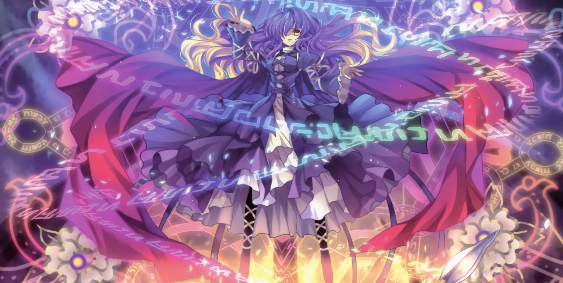 HD PC desktop wallpaper featuring Byakuren Hijiri from Touhou, surrounded by glowing magical symbols in vibrant purple and pink hues.