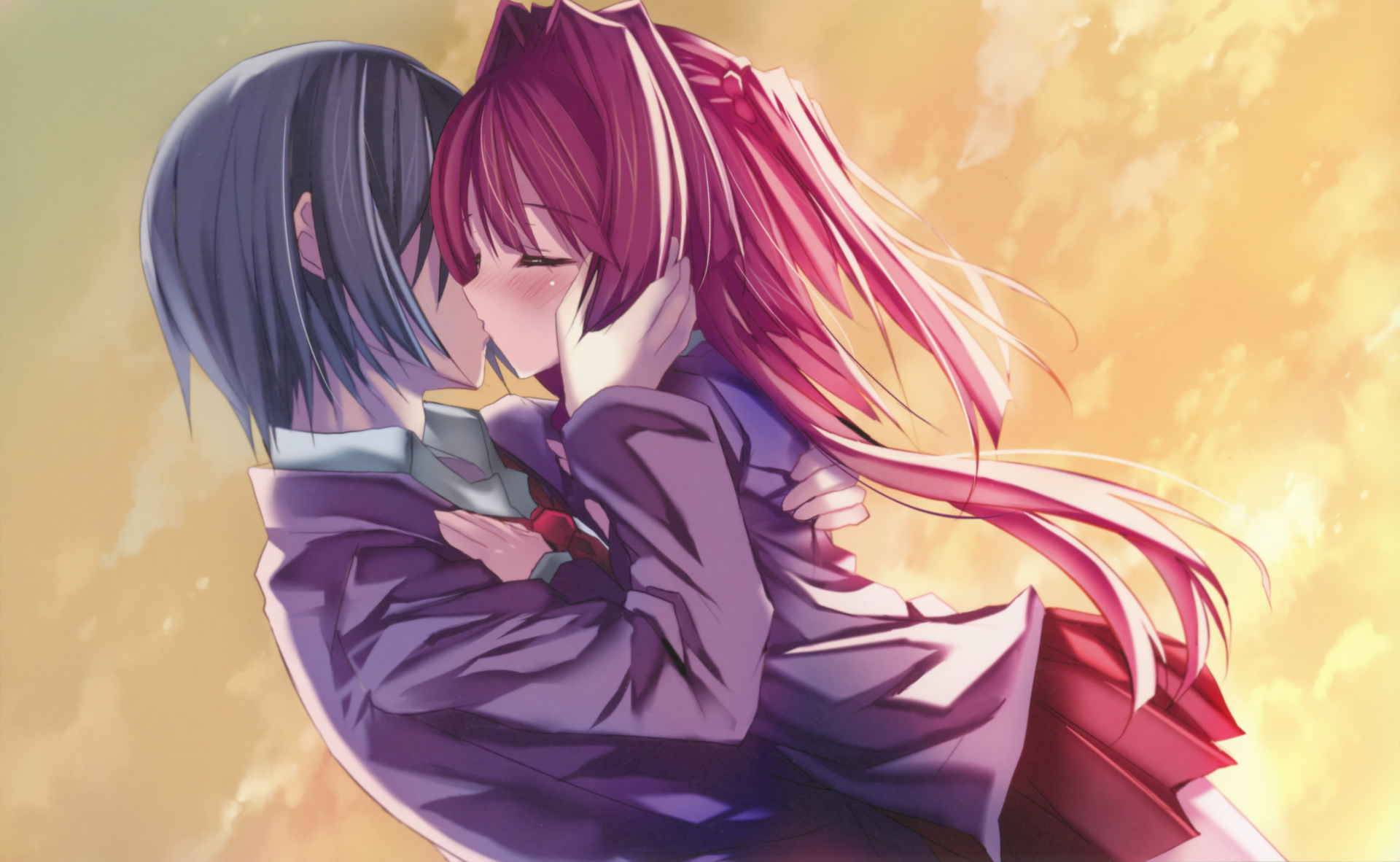 Download Tie Blush Black Hair Pink Hair Short Hair Long Hair Anime Original 4k Ultra HD Wallpaper by 茨乃